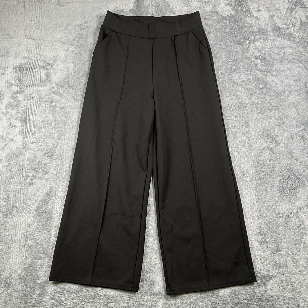 Women Cropped Pants Large Black Stretch High Waisted Wide Leg Pintuck Seam Front